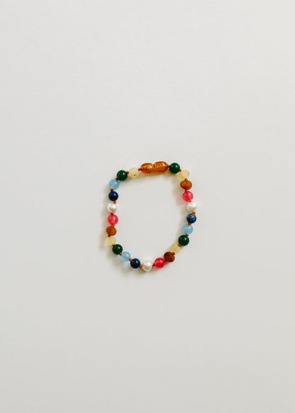 Raw Baltic Amber and Pearl Bracelet + Bright Pink Gemstones