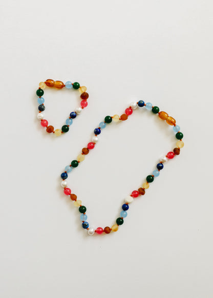 Raw Baltic Amber and Pearl Bracelet + Bright Pink Gemstones