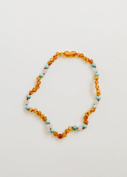 Raw Honey Baltic Amber and Natural Turquoise + Rose Quartz || Necklace