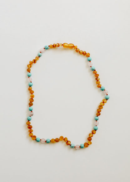 Raw Honey Baltic Amber and Natural Turquoise + Rose Quartz || Necklace