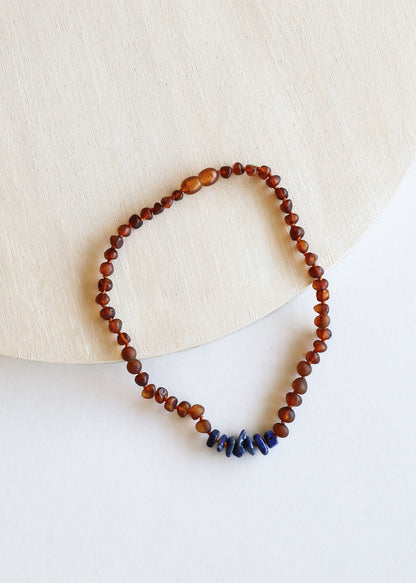 Raw Cognac Baltic Amber + Raw Lapis || Necklace
