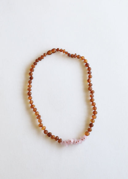 Raw Cognac Baltic Amber + Raw Rose Quartz || Necklace