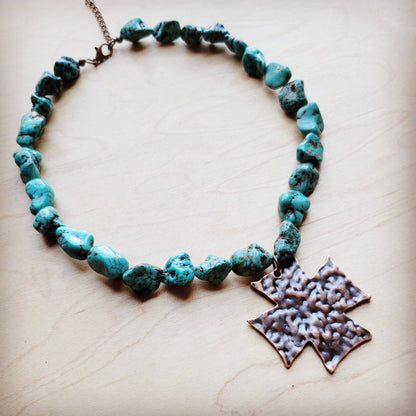 Chunky Blue Green Turquoise Collar Necklace w/ Cross Pendant