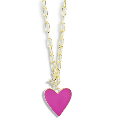 Enamel Heart/Star Necklace Hot Pink