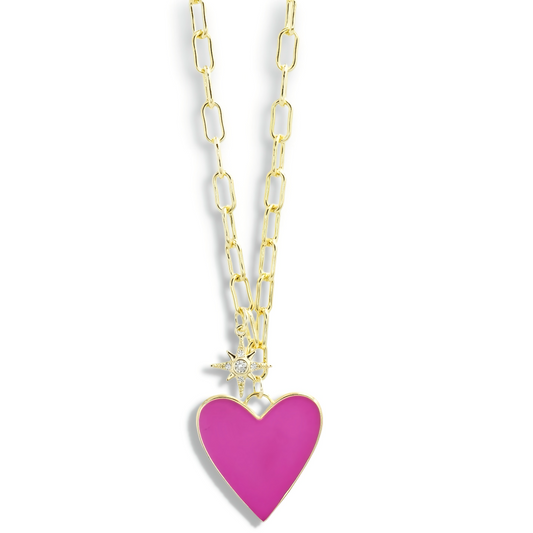 Enamel Heart/Star Necklace Hot Pink