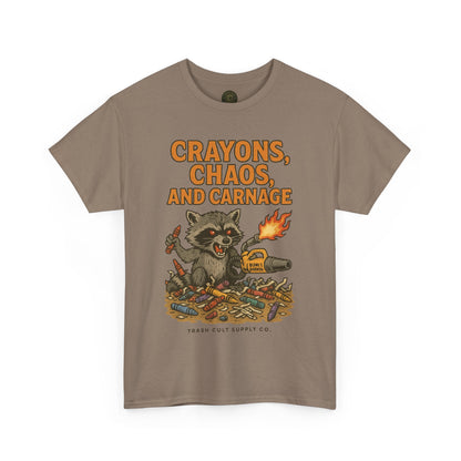 Crayons, Chaos, and Carnage T-Shirt – Dark Humor Raccoon Graphic | Trash Cult Supply Co. | Gildan 5000 Tee