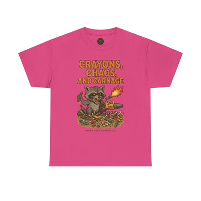 Crayons, Chaos, and Carnage T-Shirt – Dark Humor Raccoon Graphic | Trash Cult Supply Co. | Gildan 5000 Tee