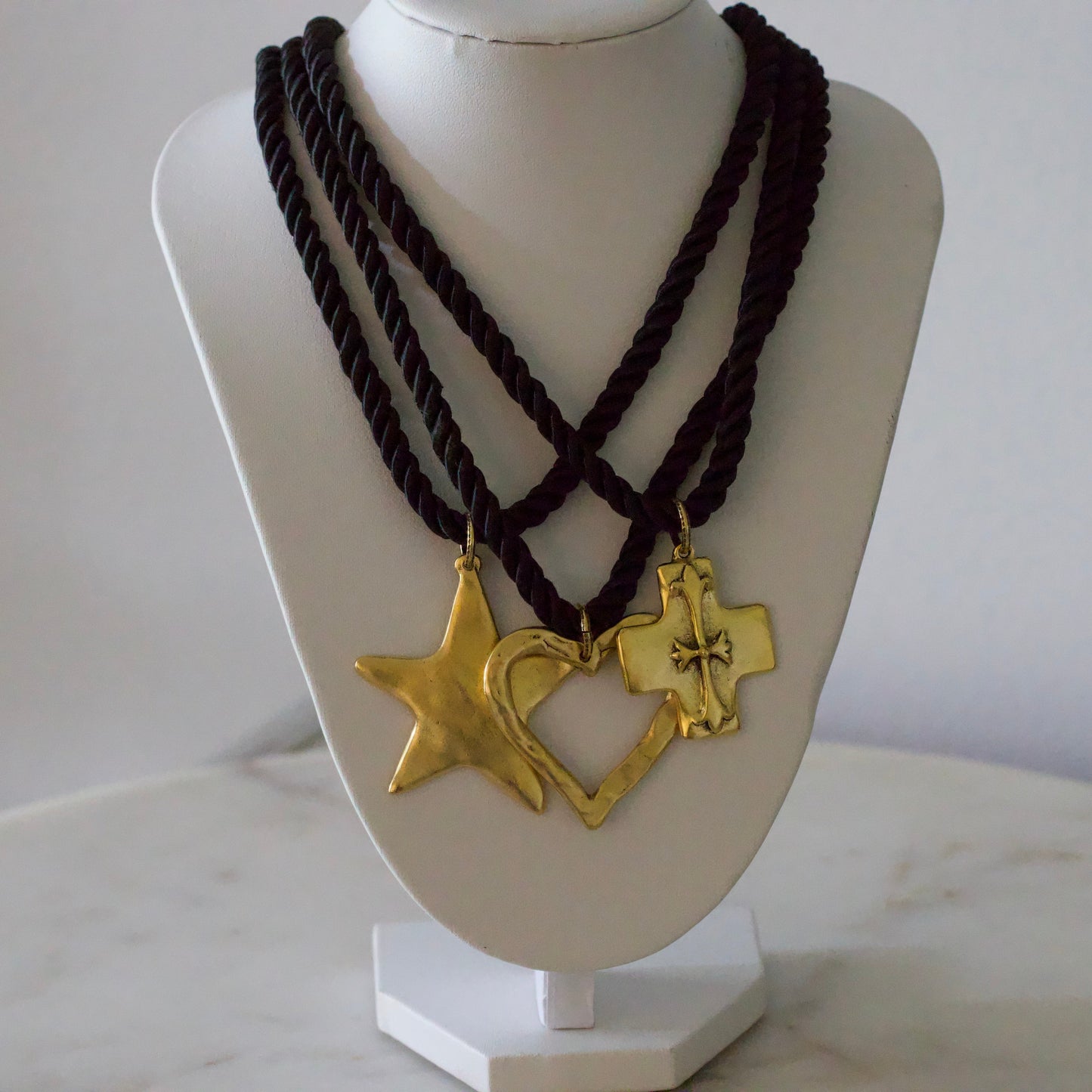 Silk Cord Pendant Necklace – Gold Star, Heart, or Cross