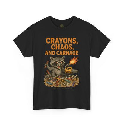 Crayons, Chaos, and Carnage T-Shirt – Dark Humor Raccoon Graphic | Trash Cult Supply Co. | Gildan 5000 Tee