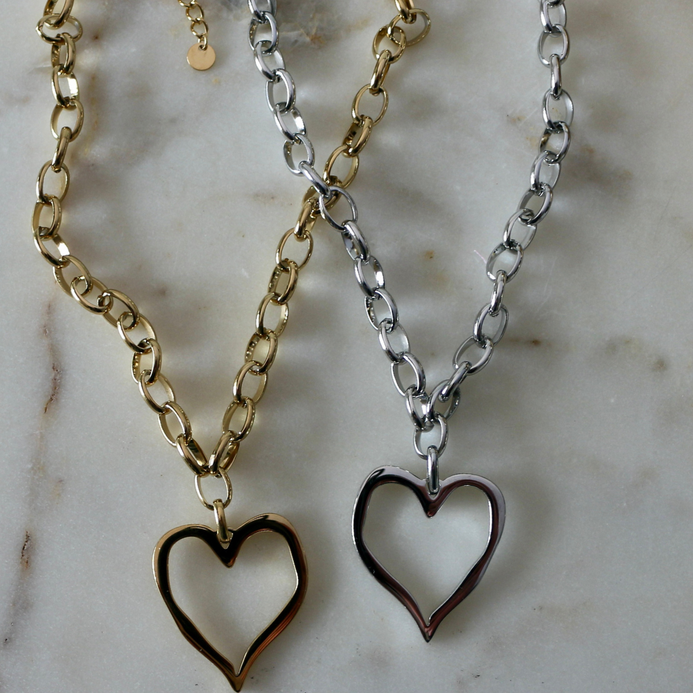 Open Heart Necklace - Heart Pendant Necklace - Stainless Steel - Gold & Silver