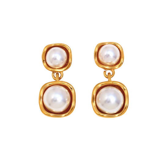 Double Pearl Drop Earrings - Stainless Steel
