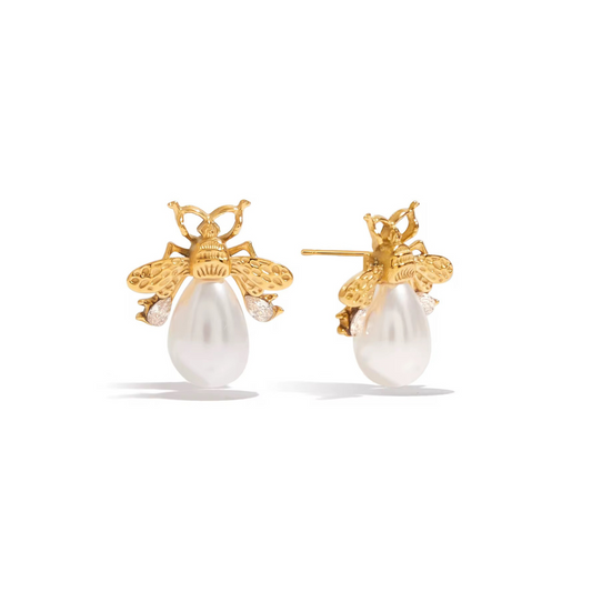 Pearl Bee Stud Earrings - Stainless Steel