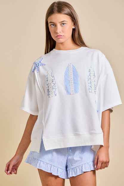 Ladies Surfboard Patchwork Tee – Coastal Summer Top