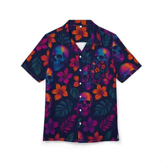 Vibrant Skull Floral Hawaiian Shirt, Beachwear, Summer Party Top, Casual Unisex Button-Down, Festival Shirt, Vacation Outfit