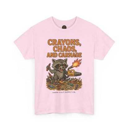 Crayons, Chaos, and Carnage T-Shirt – Dark Humor Raccoon Graphic | Trash Cult Supply Co. | Gildan 5000 Tee