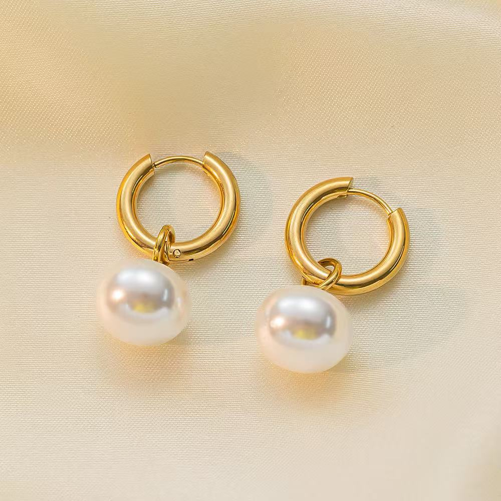 Chunky Pearl Drop Hoops - Stainless Steel
