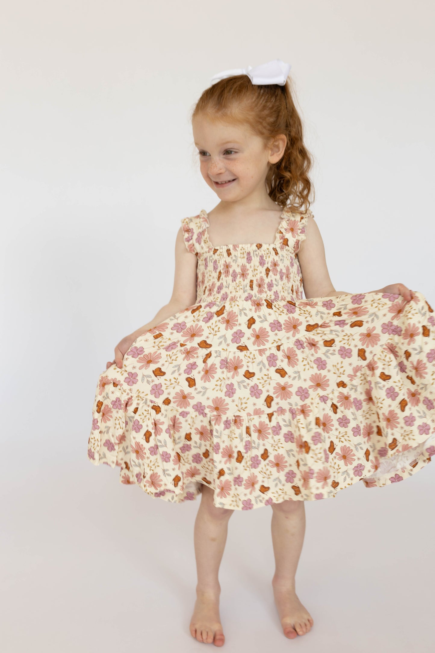 Floral Butterfly Shirred Dress