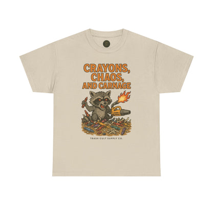 Crayons, Chaos, and Carnage T-Shirt – Dark Humor Raccoon Graphic | Trash Cult Supply Co. | Gildan 5000 Tee