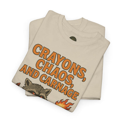 Crayons, Chaos, and Carnage T-Shirt – Dark Humor Raccoon Graphic | Trash Cult Supply Co. | Gildan 5000 Tee