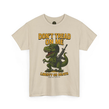 Don’t Tread On Me T-Rex T-Shirt – Liberty or Death Graphic | Trash Cult Supply Co. | Gildan 5000 Heavy Cotton