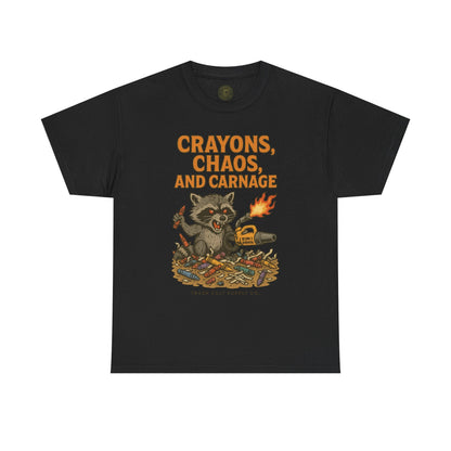 Crayons, Chaos, and Carnage T-Shirt – Dark Humor Raccoon Graphic | Trash Cult Supply Co. | Gildan 5000 Tee