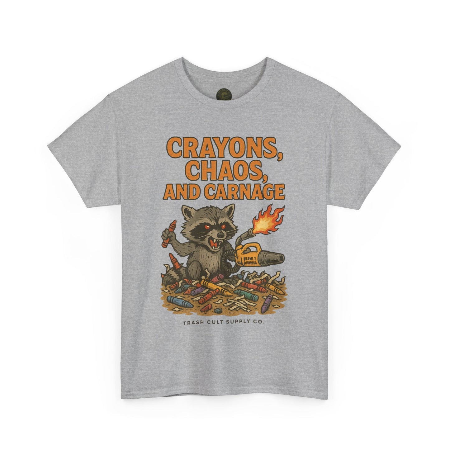 Crayons, Chaos, and Carnage T-Shirt – Dark Humor Raccoon Graphic | Trash Cult Supply Co. | Gildan 5000 Tee