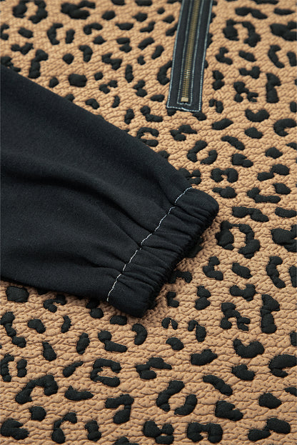 Brown Leopard Patchwork Contrast Stitching Knotted Cuff Quarter Zip Hoodie