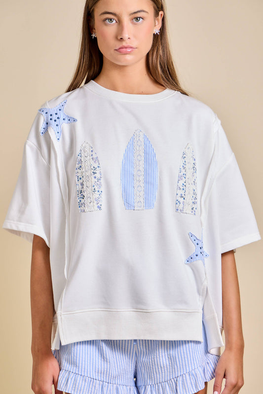 Ladies Surfboard Patchwork Tee – Coastal Summer Top