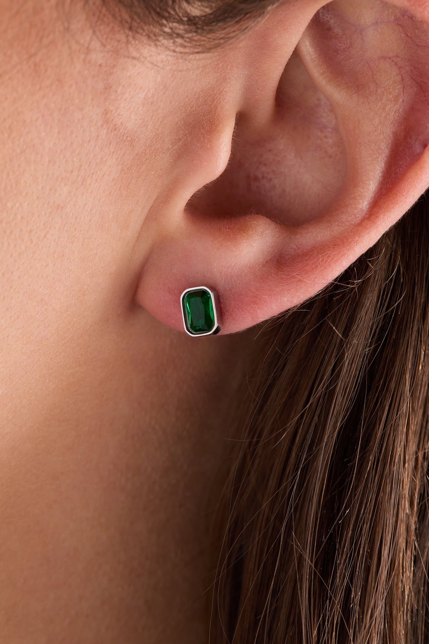 May Emerald-Cut Birthstone Stud Earrings