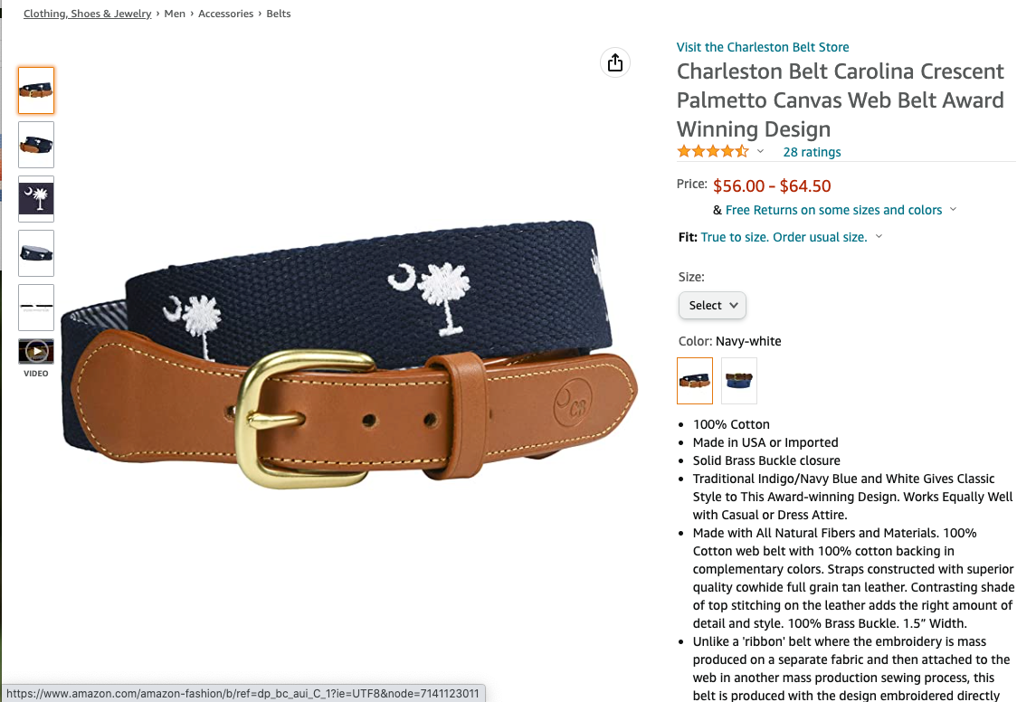 SC State Flag Belt Crescent Moon Palmetto Tree on Navy Blue Cotton Web