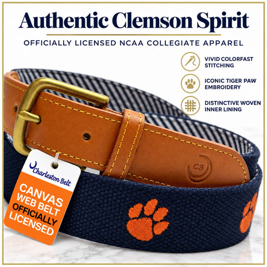 Clemson University Tigers - Officially Licensed - Orange Paw Embroidery on Navy Blue Canvas Web Belt