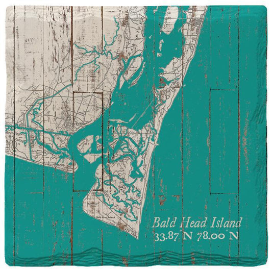 Bald Head Island Teal & White Shabby Map Coaster Set