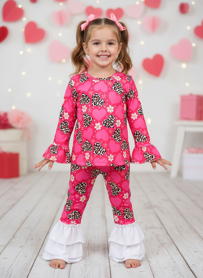 Leopard hearts two piece ruffle set