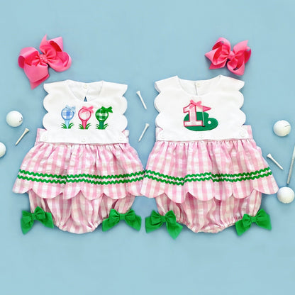 First Birthday Golf Bubble for Girls – Reversible Pink Gingham Skirted Bubble Outfit