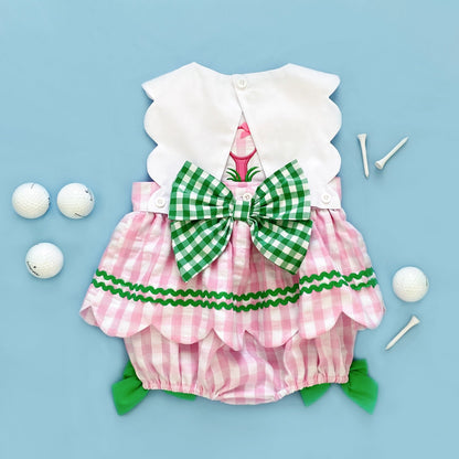 First Birthday Golf Bubble for Girls – Reversible Pink Gingham Skirted Bubble Outfit