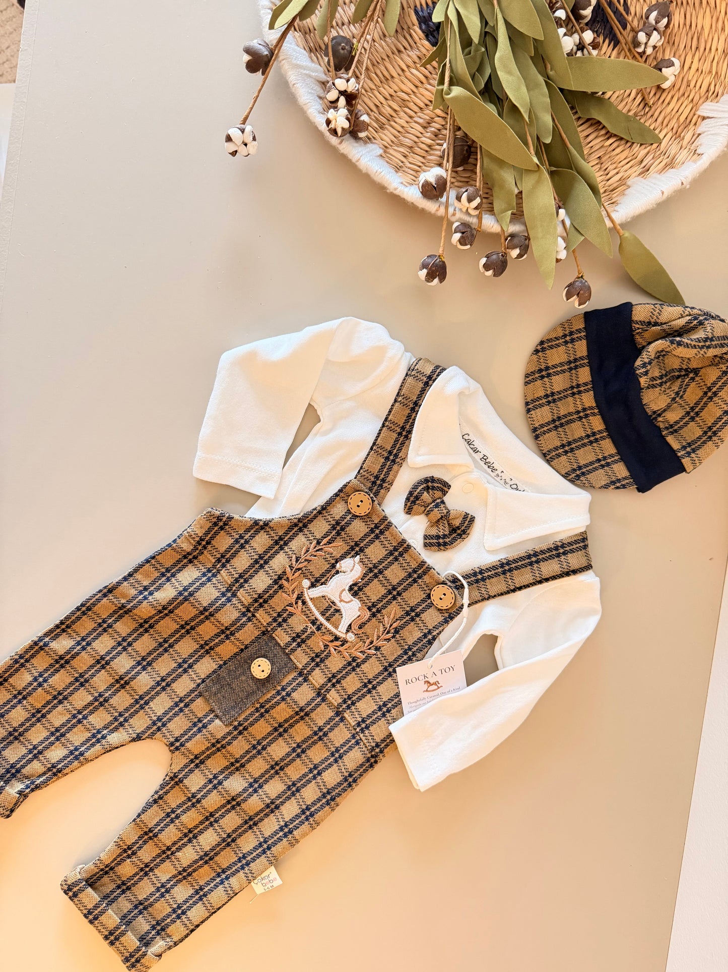 Baby Plaid Dungaree Set | Long Sleeve Shirt, Bow Tie & Hat