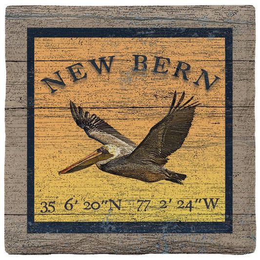 New Bern Pelican Sunburst Latitude Longitude Coaster Set
