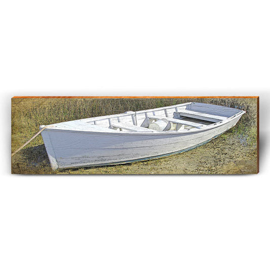 Charming White Boat | Wall Art Print on Real Wood
