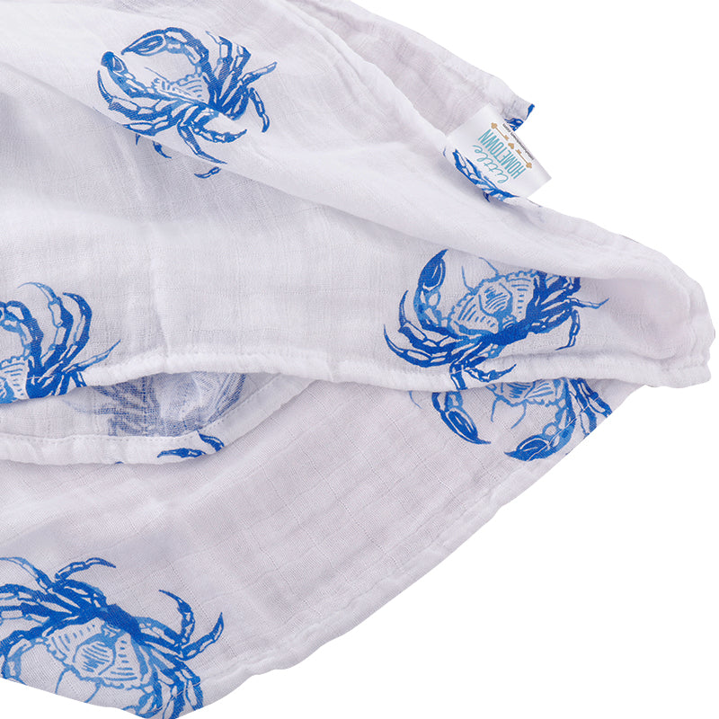 Gift Set: Blue Crab Baby Muslin Swaddle Blanket and Burp Cloth/Bib Combo Baby Shower Essential for Newborn