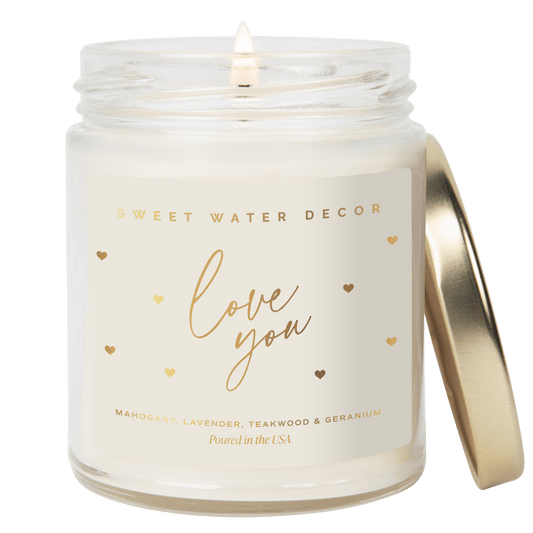 Love You Soy Candle Patterned - Clear Jar - 9 oz (Driftwood and Mahogany)