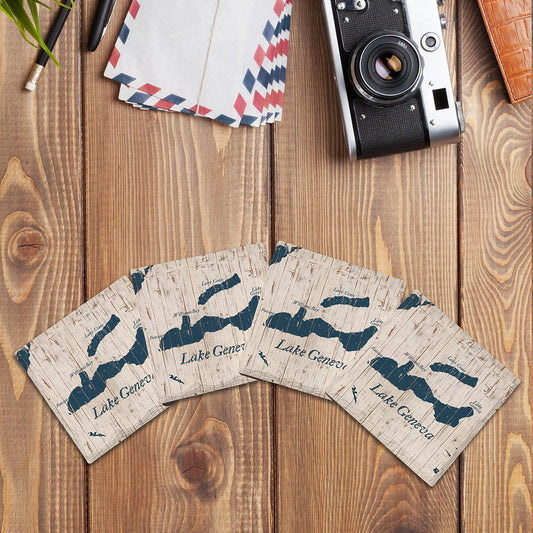 Lake Geneva, Wisonson Shabby Blue Map |Drink Coaster Set