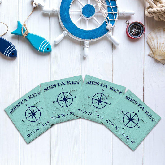 Siesta Key, Florida w/ Compass & Coordinates |Drink Coaster Set