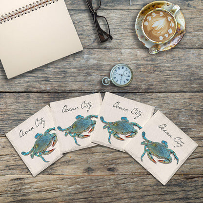 Ocean City, Blue Crab Maryland & New Jersey | Drink Coaster Set of 4 | Absorbent Ridged Ceramic with Cork Backing