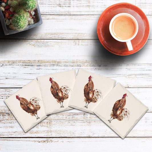 Rooster | Drink Coaster Set of 4 | Absorbent Ridged Ceramic with Cork Backing