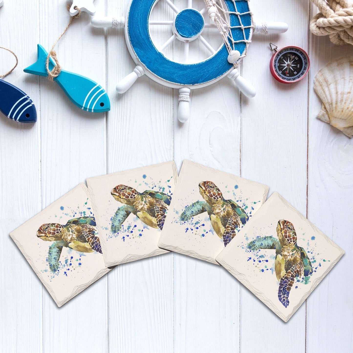 Watercolor Sea Turtles | Drink Coaster Set | Wall Art Print on Real Wood