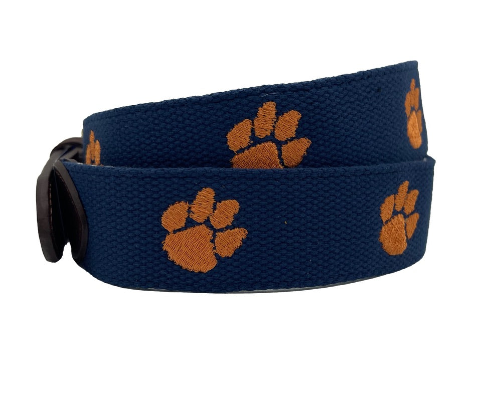 Clemson University Tigers - Officially Licensed - Orange Paw Embroidery on Navy Blue Canvas Web Belt