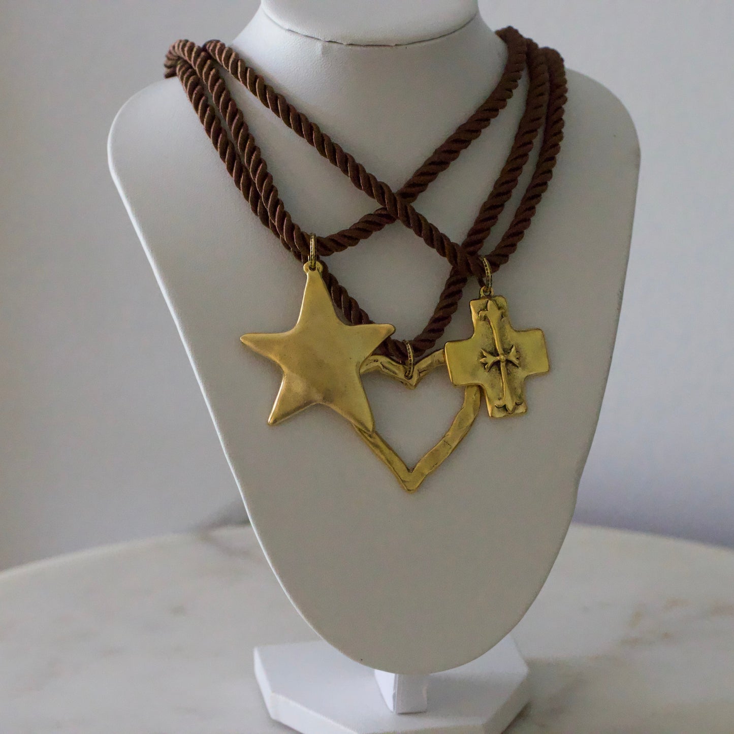 Silk Cord Pendant Necklace – Gold Star, Heart, or Cross