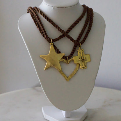 Silk Cord Pendant Necklace – Gold Star, Heart, or Cross