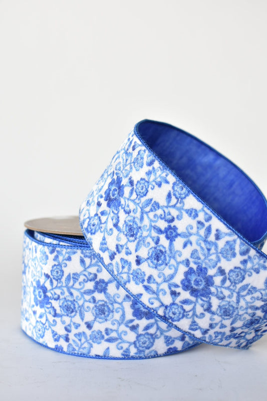 4" x 10yd Blue + White Faux Velvet Floral Ribbon