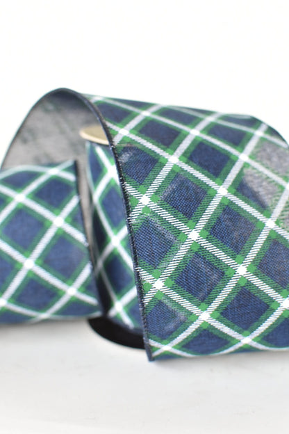 4" x 10yd Blue + Green Bias Plaid Wired Ribbon